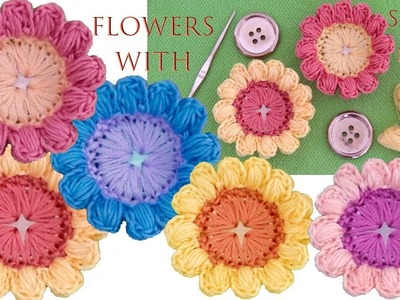 Como hacer flores a Crochet punto 3D con botones tejido a gancho tallermanualperu