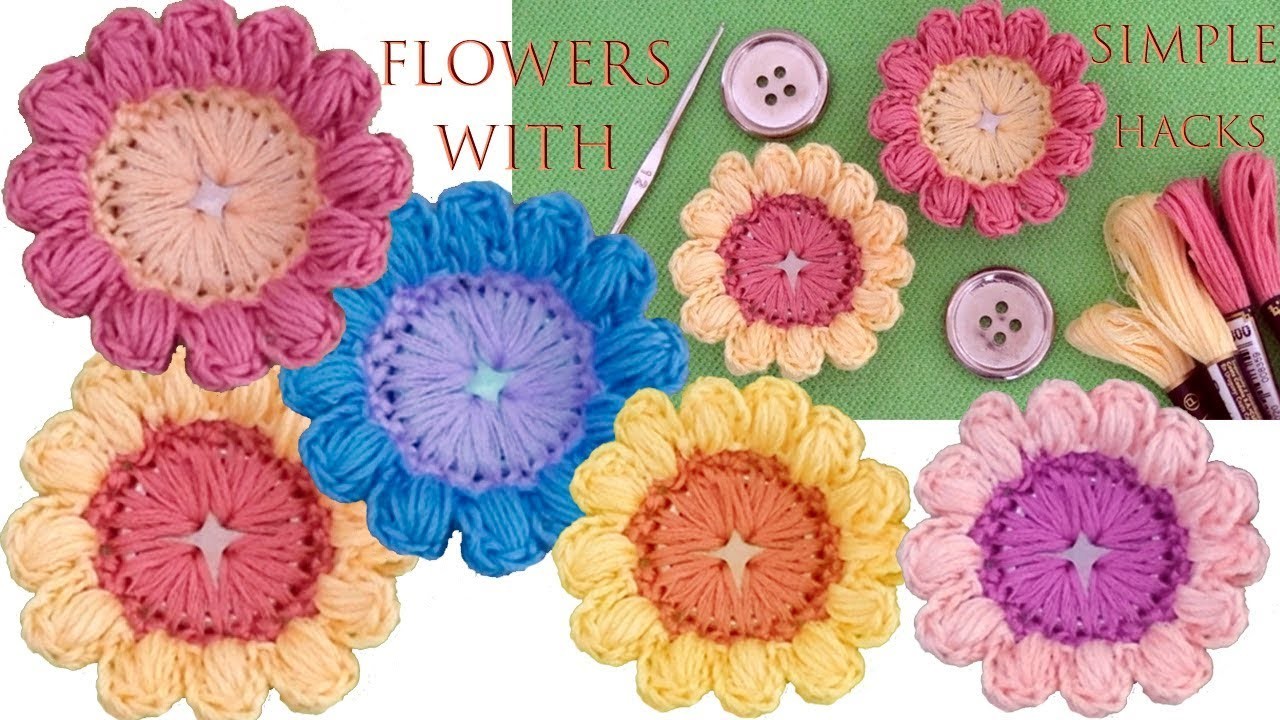 Como hacer flores a Crochet punto 3D con botones tejido a gancho tallermanualperu