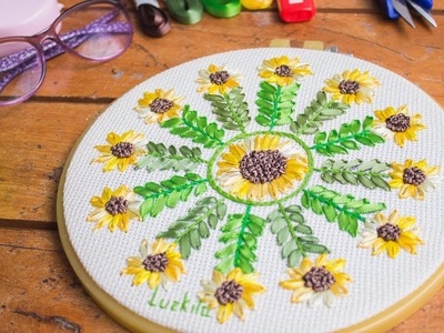 Bordado a mano: GIRASOLES con puntada margarita.Hand embroidered  SUNFLOWERS with daisy stitch