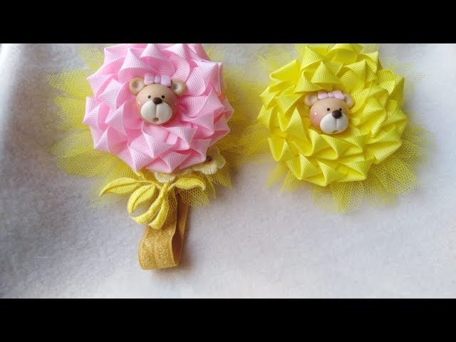 DIY  2 FLORES DE LISTON CON  ROSETON DE TUL EN PUNTICAS????????