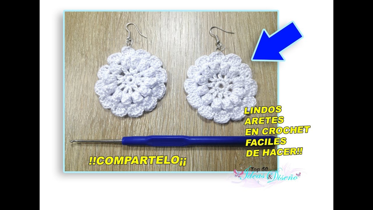 Aretes en Crochet, Flor blanca en 3d, faciles de hacer
