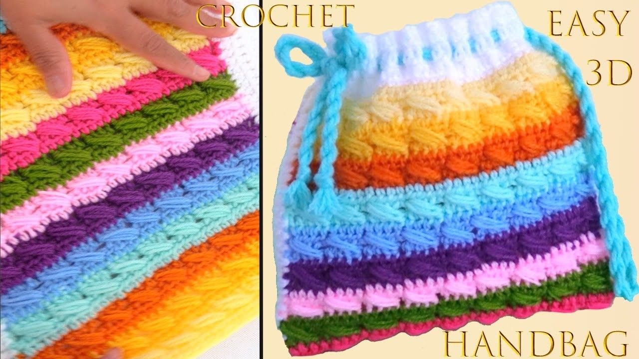 Bolso a crochet Punto lazada doble 3D de colores para cobijtas de bebes tejido tallermanualperu