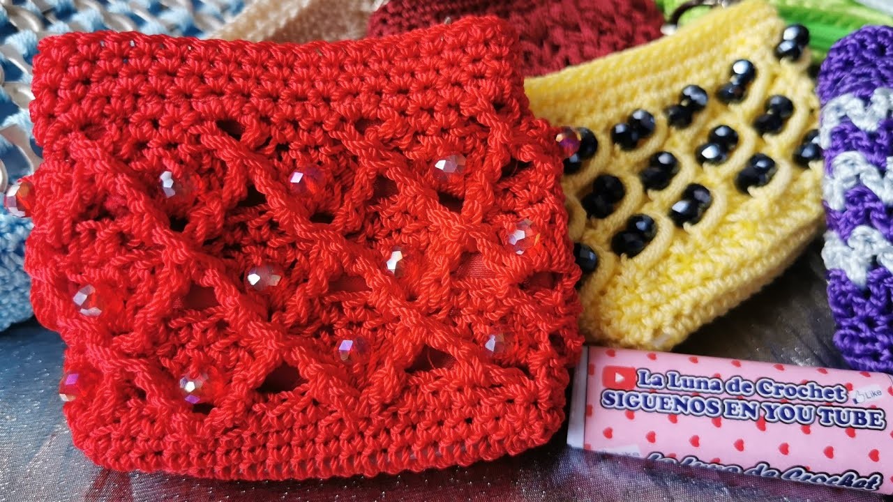 Monedero Tejido a Crochet Punto Rombos en Relieve Con Cristales