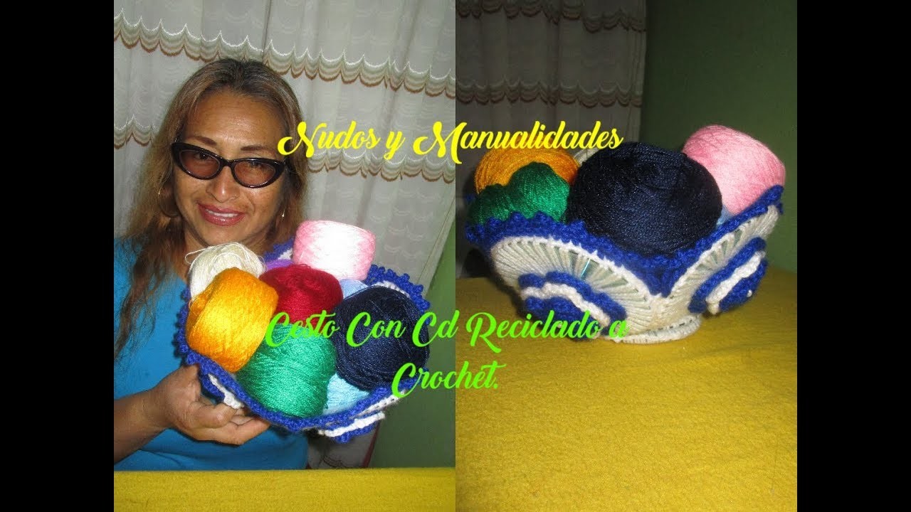 CESTO CON CD RECICLADO A CROCHET.