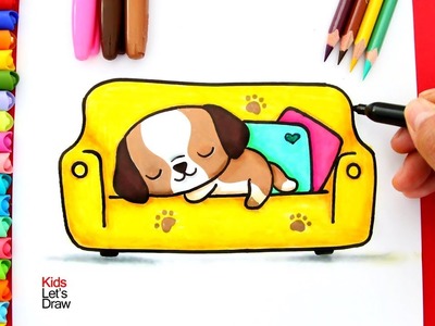 Aprender a dibujar un PERRITO KAWAII durmiendo sobre un SOFÁ | Dibujos de Perritos