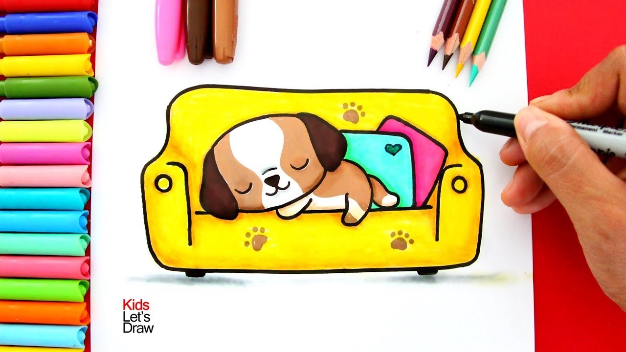 Aprender a dibujar un PERRITO KAWAII durmiendo sobre un SOFÁ | Dibujos de Perritos