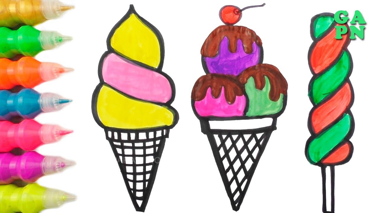 Cómo dibujar helados con brillo para niños | Aprender colores y dibujos con pintura de acuarela