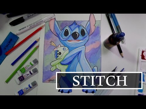 Como dibujar a Stitch?. Stitch estilo comic con acuarelas. Unschool