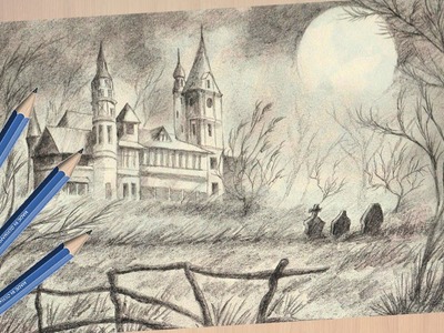 Como Dibujar un paisaje con un castillo embrujado a lápiz