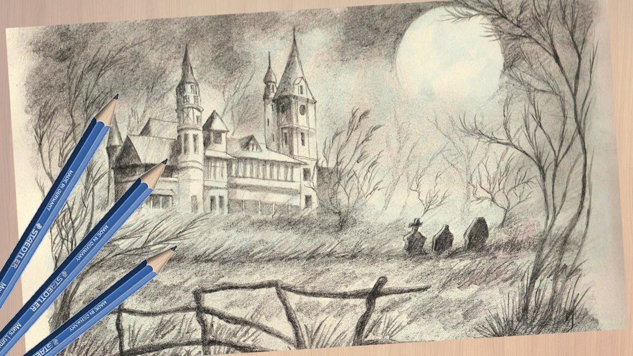 Como Dibujar un paisaje con un castillo embrujado a lápiz