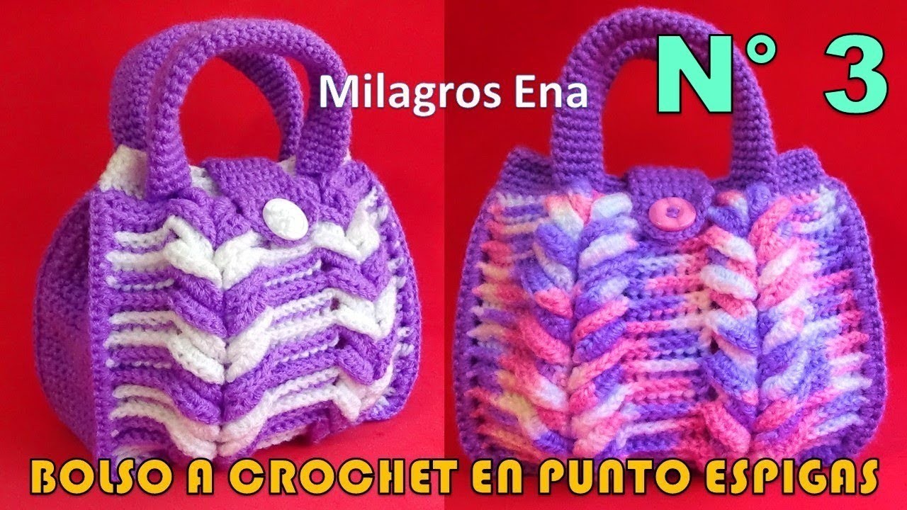 Bolso de mano N° 3 tejido a crochet o ganchillo en punto Espigas paso a paso en video tutorial.