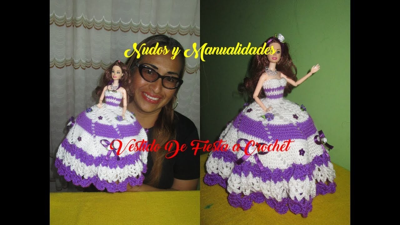VESTIDO MORADO Y BLANCO A CROCHET.