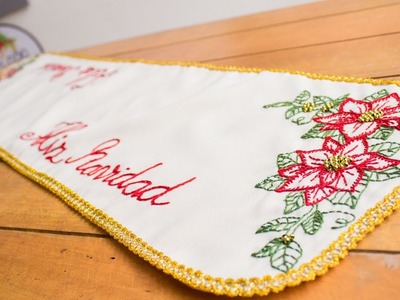 Bordado a mano: diseño especial para Navidad: Camino de mesa Navideño. Hand embroidery Chritsmas