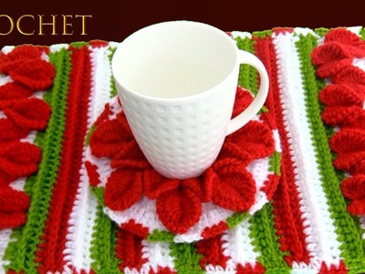 Como tejer a Crochet individuales Navideños Punto 3D pétalos flores Nochebuena tallermanualperu