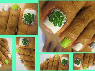 Uñas de los pies decoradas con hojas verdes.pedicure.Leaf design toe nail
