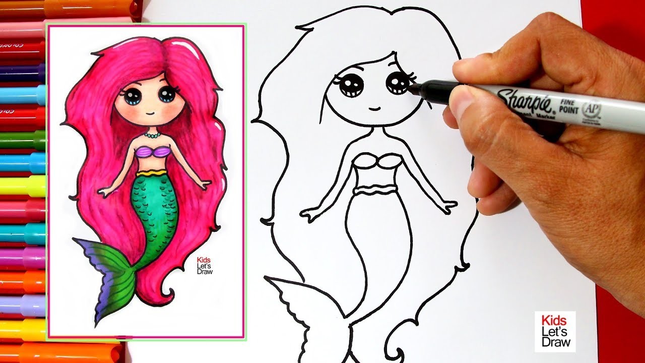Cómo dibujar y pintar una SIRENA KAWAII fácil | Learn to Draw a Cute Mermaid Girl