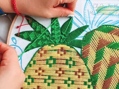Bordado Fantasía Hojas para Piña 2. Hand Embroidered Pineapple leaves. Fantasy Stitch