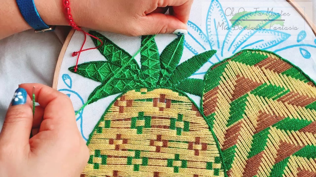 Bordado Fantasía Hojas para Piña 2. Hand Embroidered Pineapple leaves. Fantasy Stitch