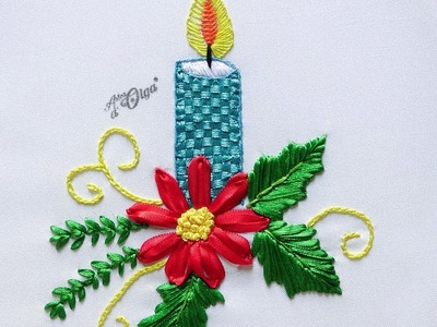 Bordados Navideños en Cinta: Vela con Nochebuena | Christmas Ribbon Embroidery