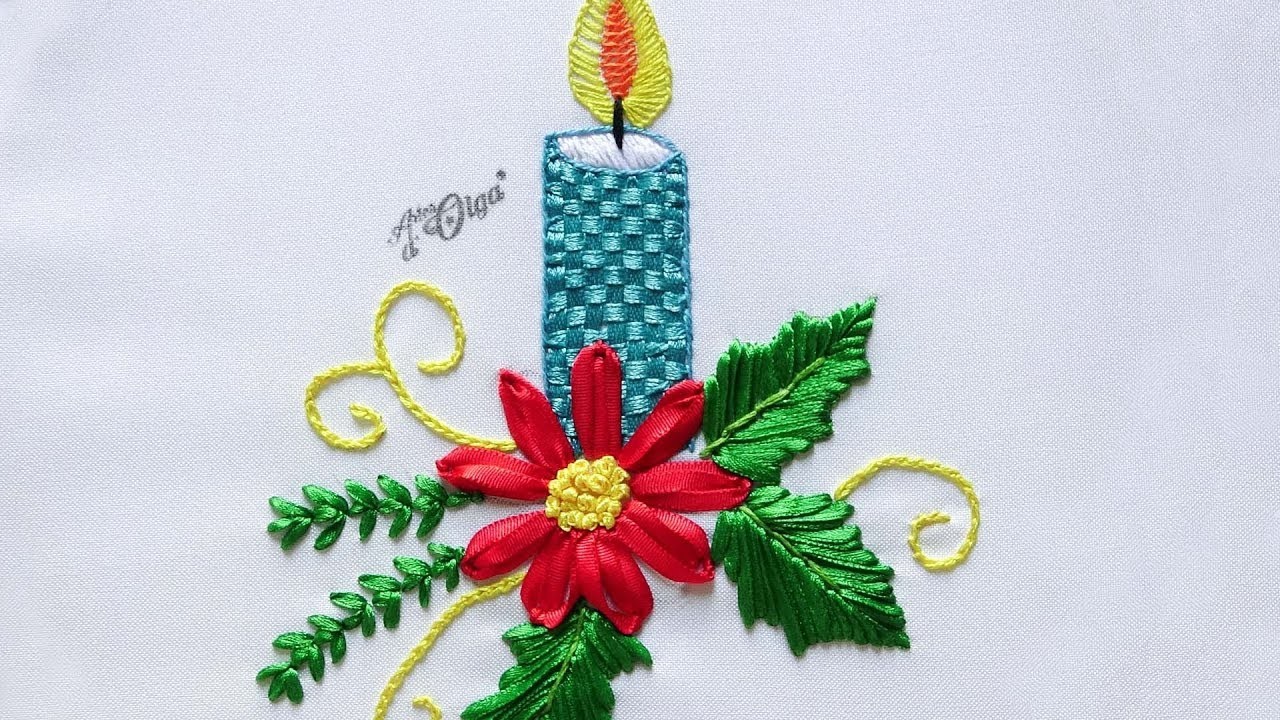 Bordados Navideños en Cinta: Vela con Nochebuena | Christmas Ribbon Embroidery