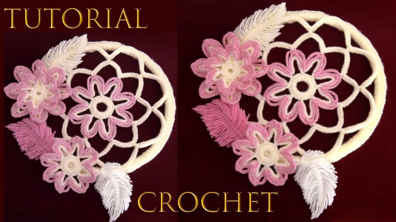 Mandala Atrapasueños con flores 3D tejidas a crochet y plumas imitación Macramé