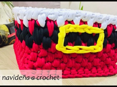 Cesta rectangular con trapillo  Navideña ♥ Base de madera - Crochet Christmas basket