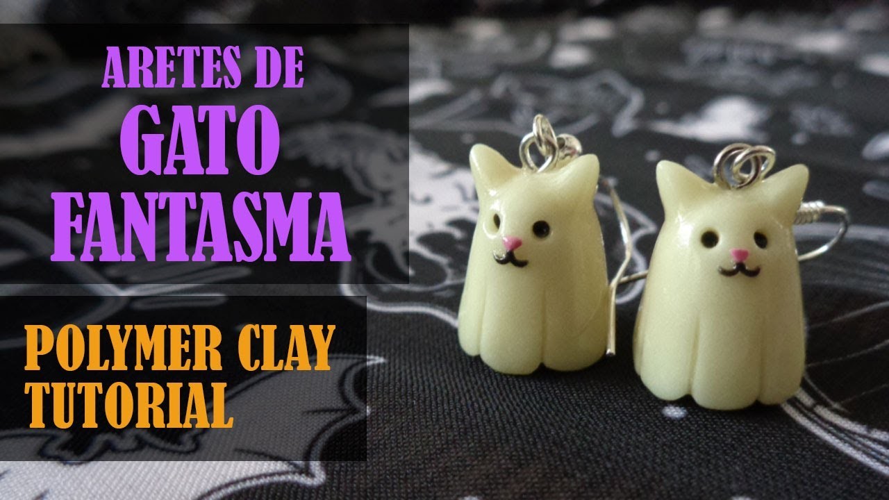Como hacer aretes de gato fantasma en arcilla polimérica.Polymer clay ghost kitten earrings tutorial