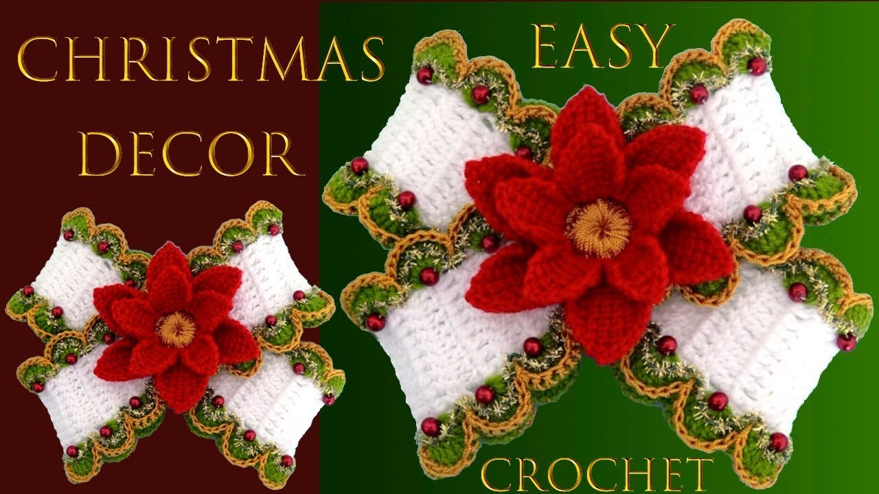Como hacer fácil lazo con flor de Navidad tejida a Crochet
