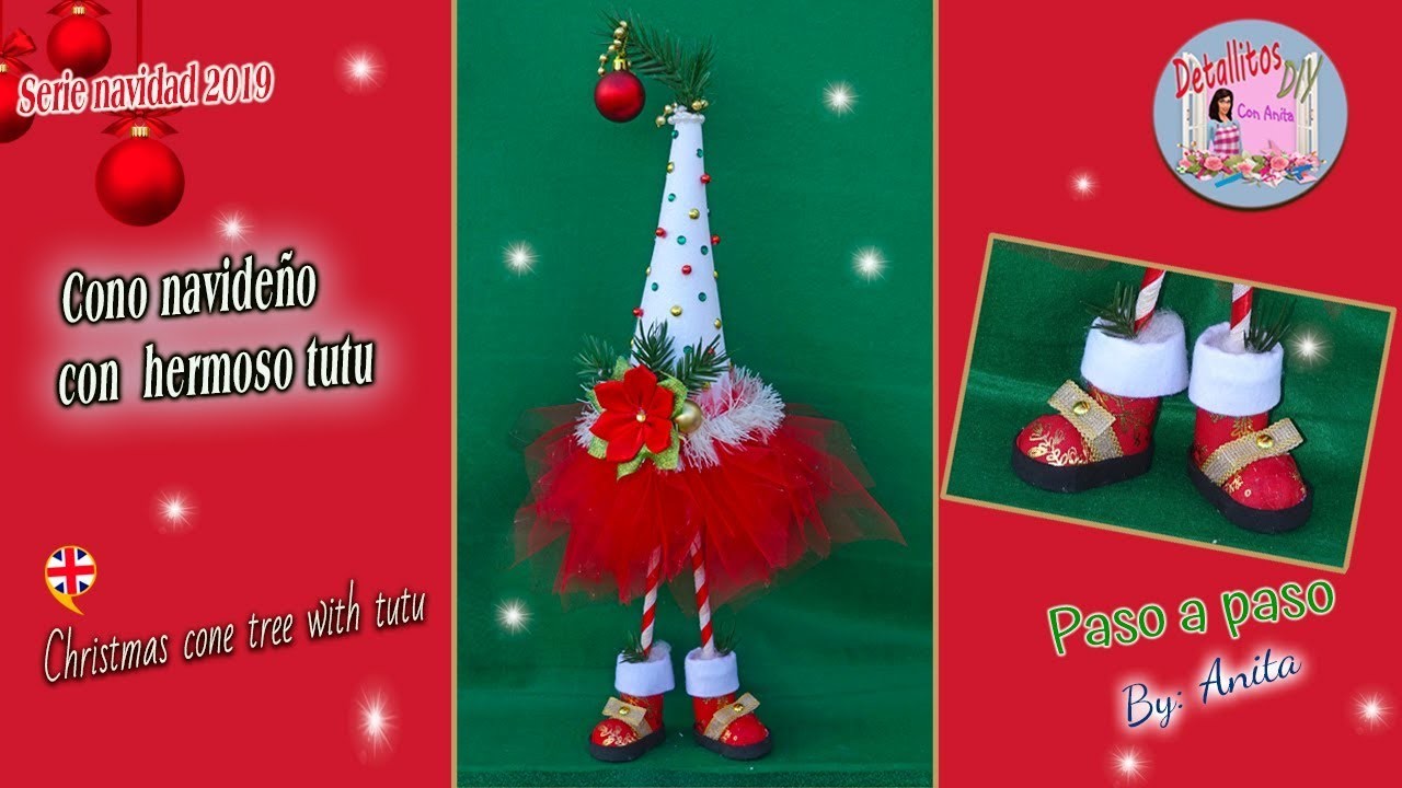 DIY Cono navideño con hermoso tutu y bota navideña en miniatura.