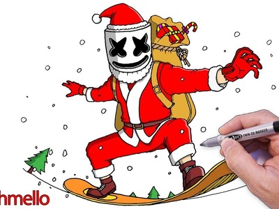 Como Dibujar a Marshmello Papá Noel Paso a Paso - Dibujos para Dibujar - Dibujos Faciles de Navidad