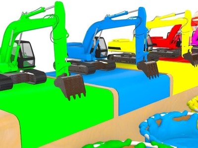 Divertidos tractores y colores con carros para niños y excavadora dibujos animados de vehículos