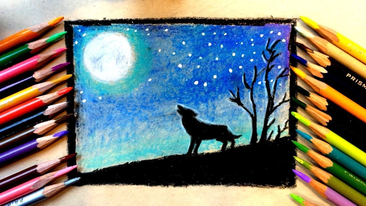 Lobo solitario y la luna - Como dibujar - lapices de colores