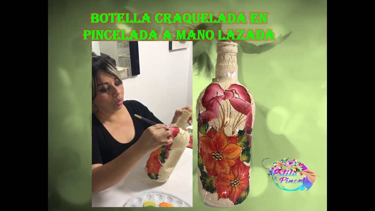DIY. BOTELLA CRAQUELADA EN PINCELADA A MANO ALZADA. decoración navideña 2019
