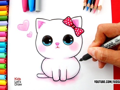 Aprende a dibujar una GATITA Blanca con moño rosa súper adorable