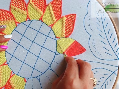 Bordado Fantasía Girasol 4. Hand Embroidery Sunflower. Fantasy Stitch