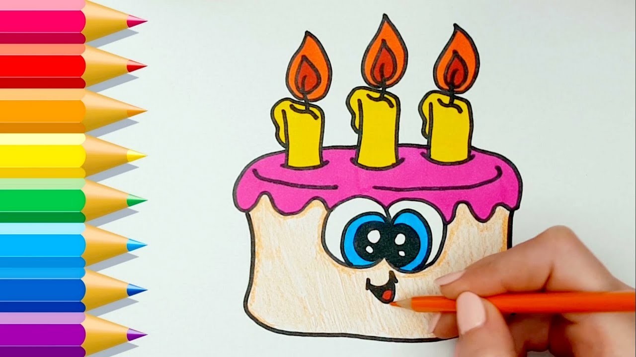 Cómo dibujar y pintar una TORTA DE CUMPLEAÑOS Kawaii fácil ???? How to Draw a Cute Birthday Cake