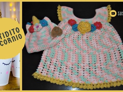 ????Vestido de niña tejido a crochet - VESTIDITO UNICORNIO ????
