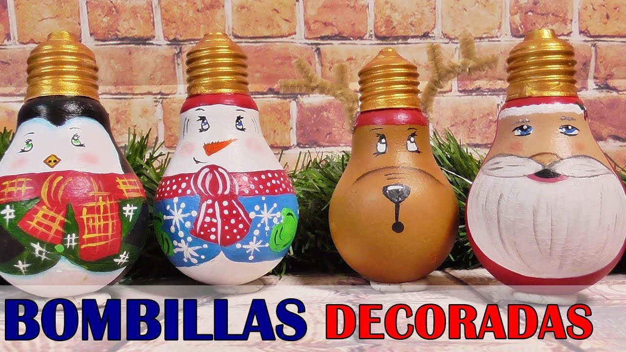 Bombillas navideñas decoradas con pintura acrílica.