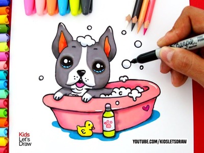 Aprende a dibujar un PERRO PIBULL BEBÉ Kawaii bañándose en una tina
