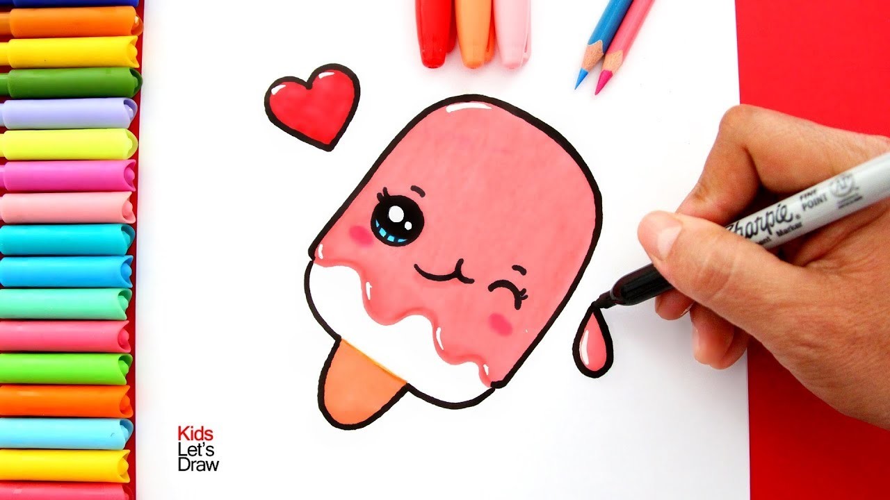 Cómo dibujar una PALETA DE FRESA Kawaii Fácil |  How to Draw a Cute Popsicle Easy