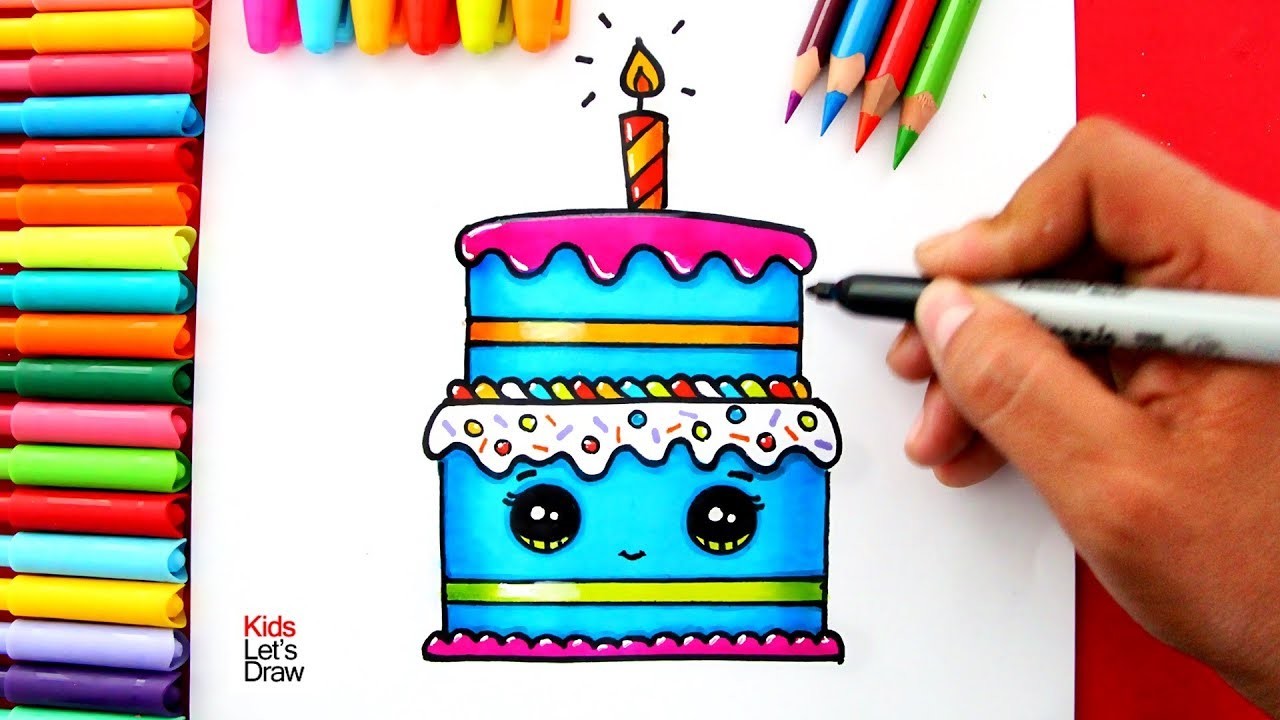 Cómo dibujar y pintar una TORTA DE CUMPLEAÑOS Kawaii | How to Draw a Cute Birthday Cake