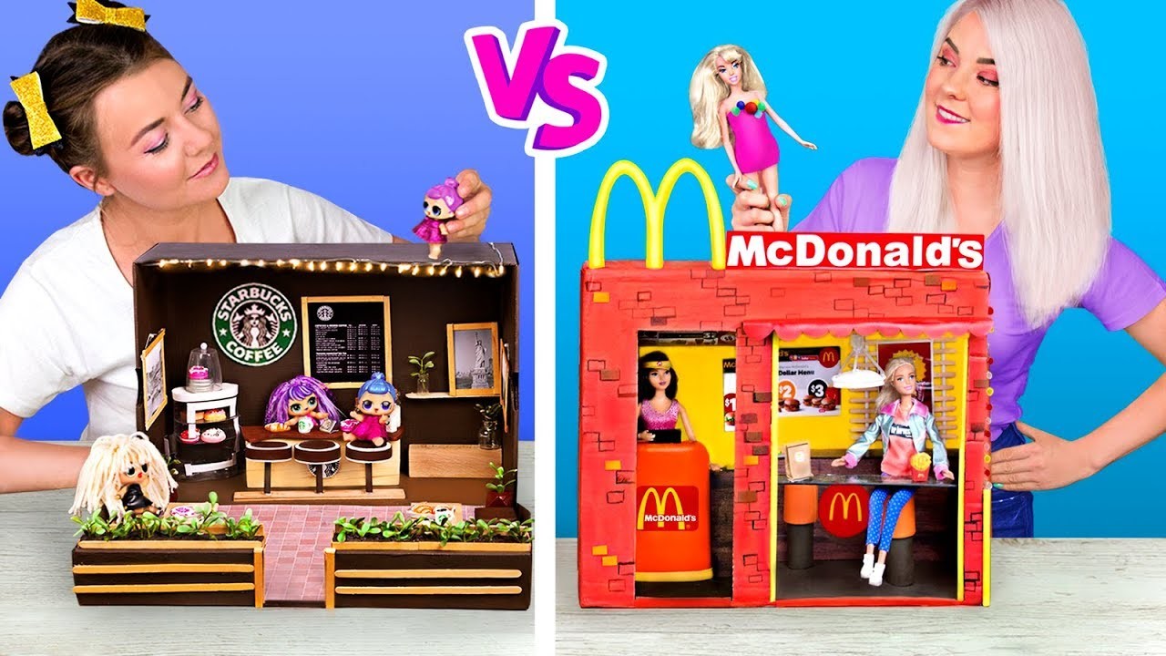 ¡Nunca Eres Grande Para Las Muñecas!.DIYs De Starbucks Para LOL Surprise vs De McDonalds Para Barbie