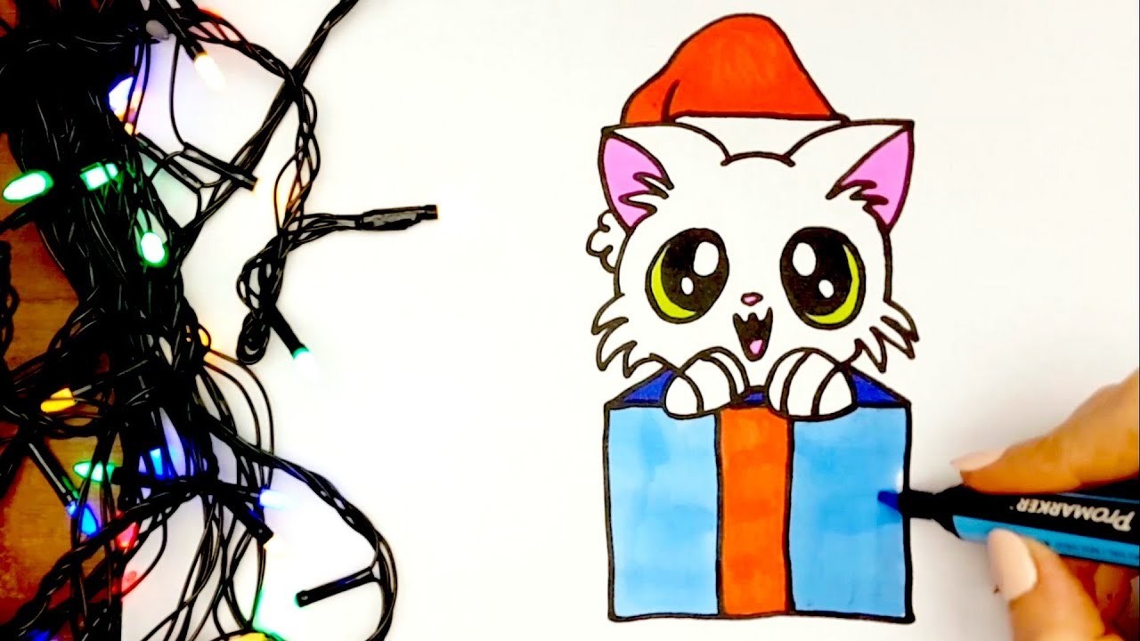 COMO DIBUJAR UN GATO PARA NAVIDAD PASO A PASO Dibujos kawaii navideños How to draw a Christmas cat