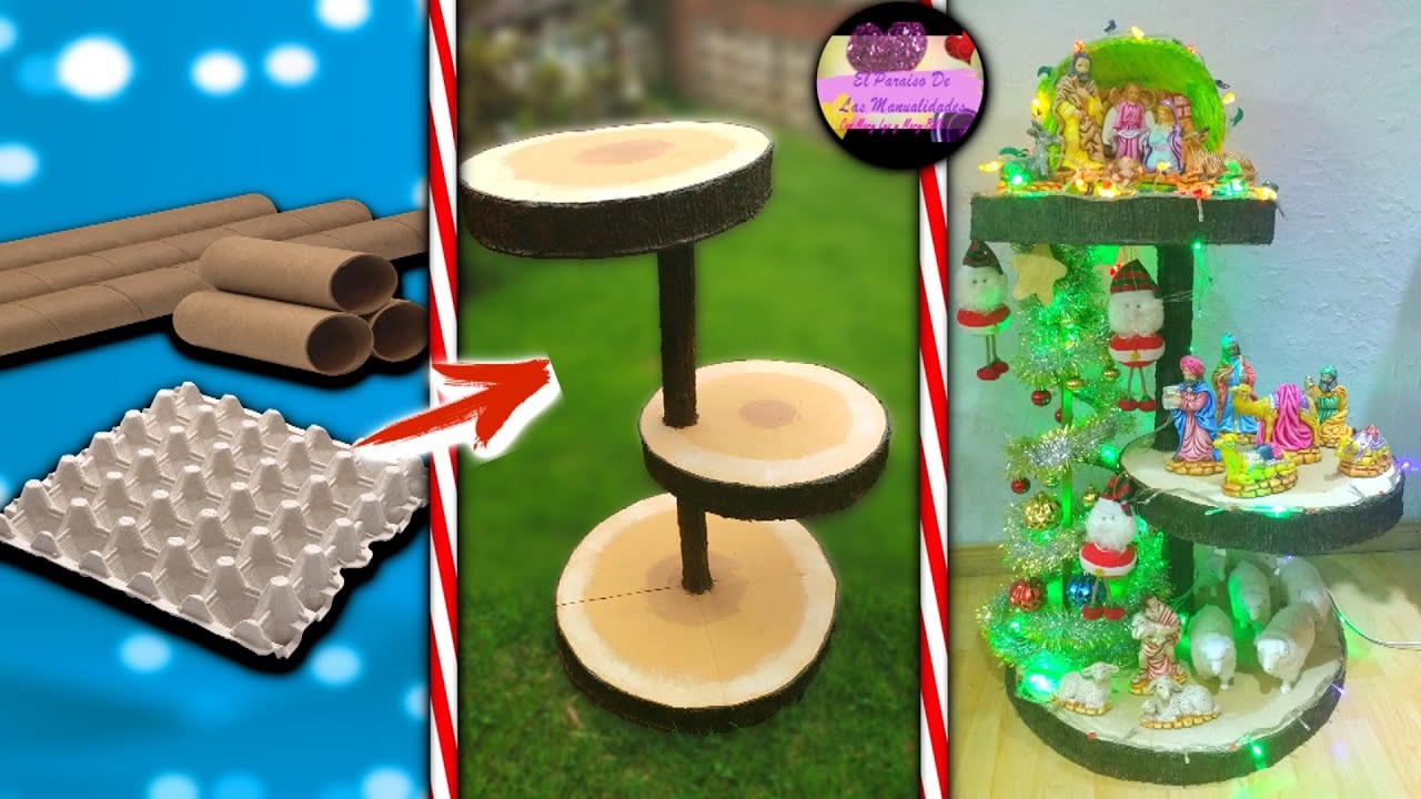 Mesa imitación tronco de árbol para belenes o pesebre con material reciclado y árbol de navidad