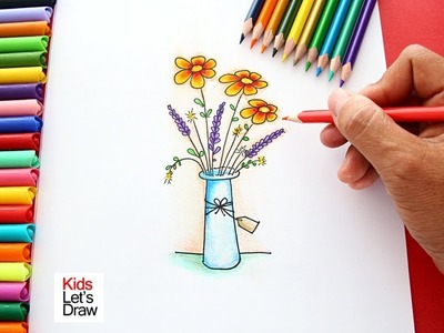 Cómo dibujar un FLORERO con Flores usando Lápices de Color