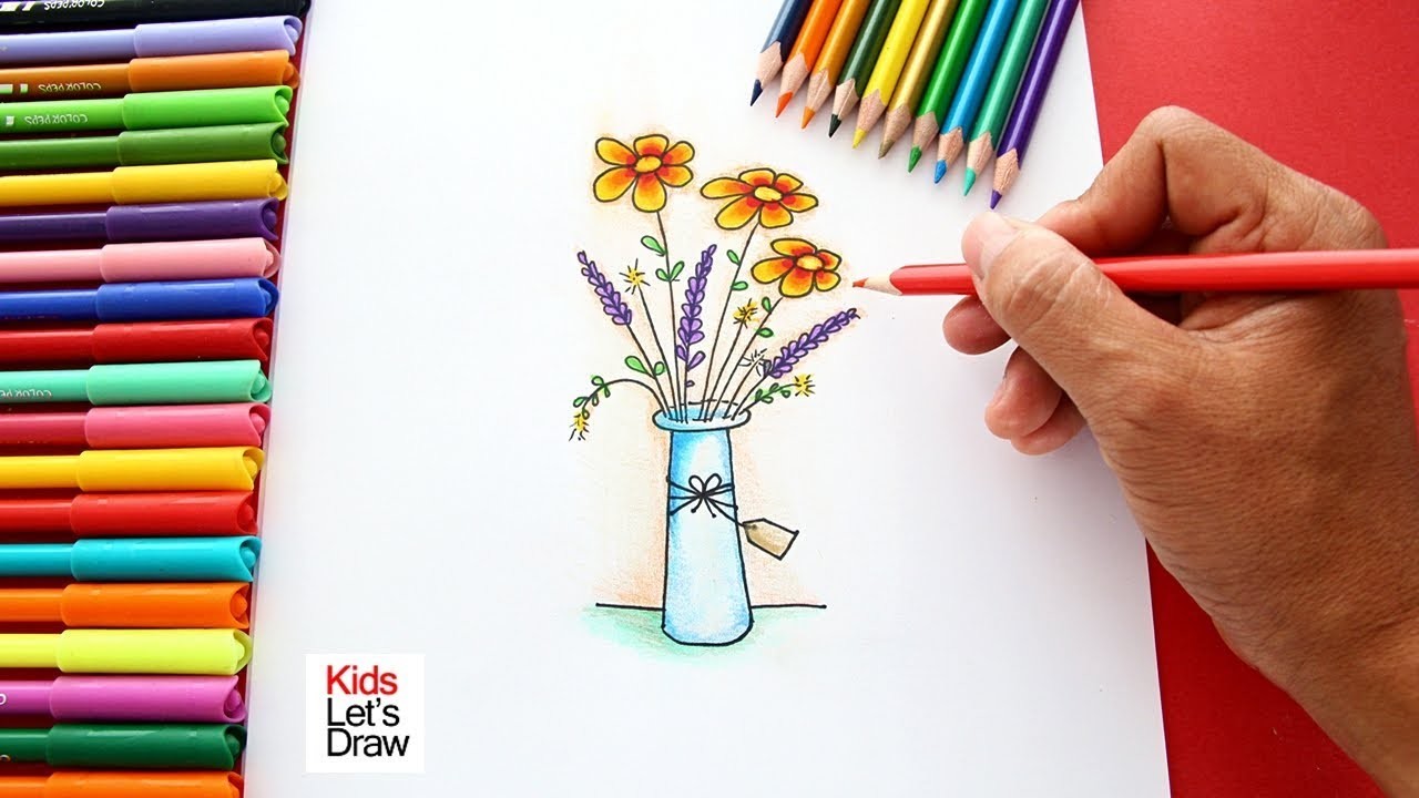 Cómo dibujar un FLORERO con Flores usando Lápices de Color