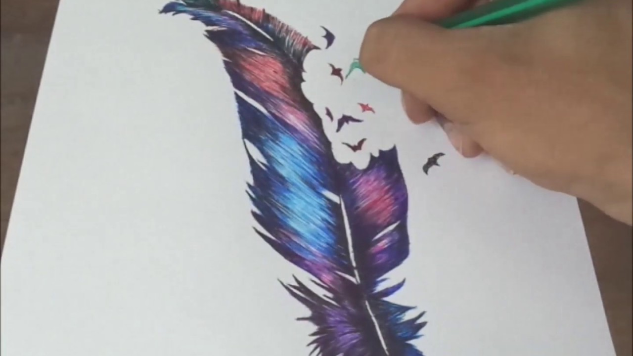 Dibujando pluma tattoo con plumas de colores - Drawing  feather with pens - #33