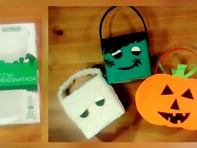 Ideas de hacer cestas de chuches para el halloween con cartón de Leche, manualidades fáciles.
