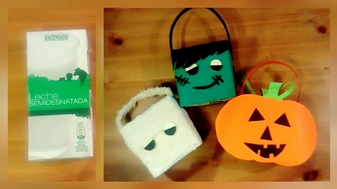 Ideas de hacer cestas de chuches para el halloween con cartón de Leche, manualidades fáciles.