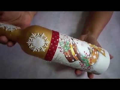 Reciclaje de botella con decupage navideño